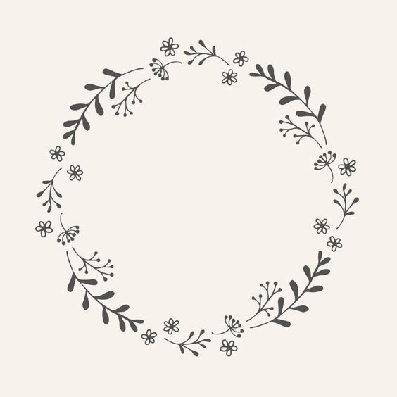 a black and white drawing of a circle with flowers in the center on a light gray background