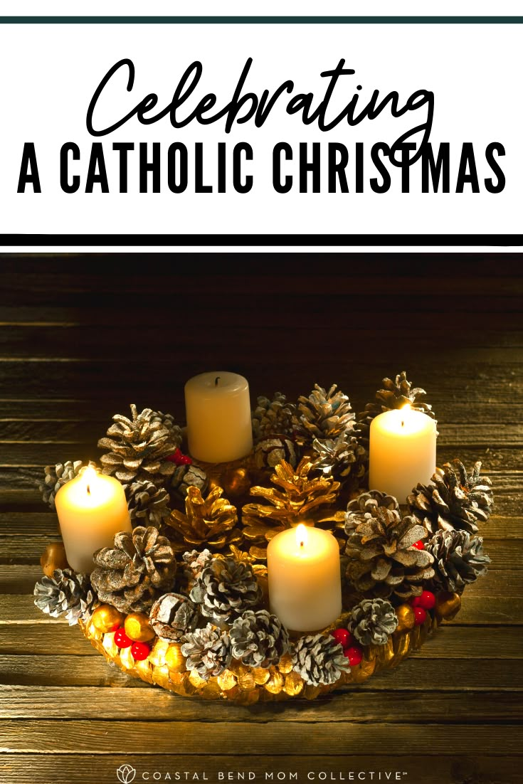 a christmas wreath with pine cones and candles in it on top of a wooden table