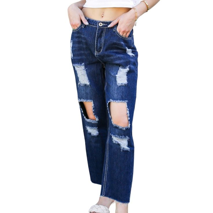 Elevate your casual wardrobe with our Baggy Distressed Boyfriend Denim Jeans, crafted from soft and comfortable denim fabric for all-day wear. These trendy jeans feature a high waist, ripped holes, and frayed bottoms for a fashionable streetwear look. Fall Distressed Denim Blue Cropped Jeans, Distressed Cropped Denim Jeans For Fall, Fall Cropped Distressed Dark Wash Jeans, Trendy Distressed Cropped Jeans For Fall, Trendy Ripped Cropped Jeans For Fall, Ripped Relaxed Fit Cropped Jeans In Dark Wash, Relaxed Fit Dark Wash Ripped Cropped Jeans, Trendy Dark Wash Ripped Cropped Jeans, Distressed Relaxed Fit Cropped Jeans For Fall