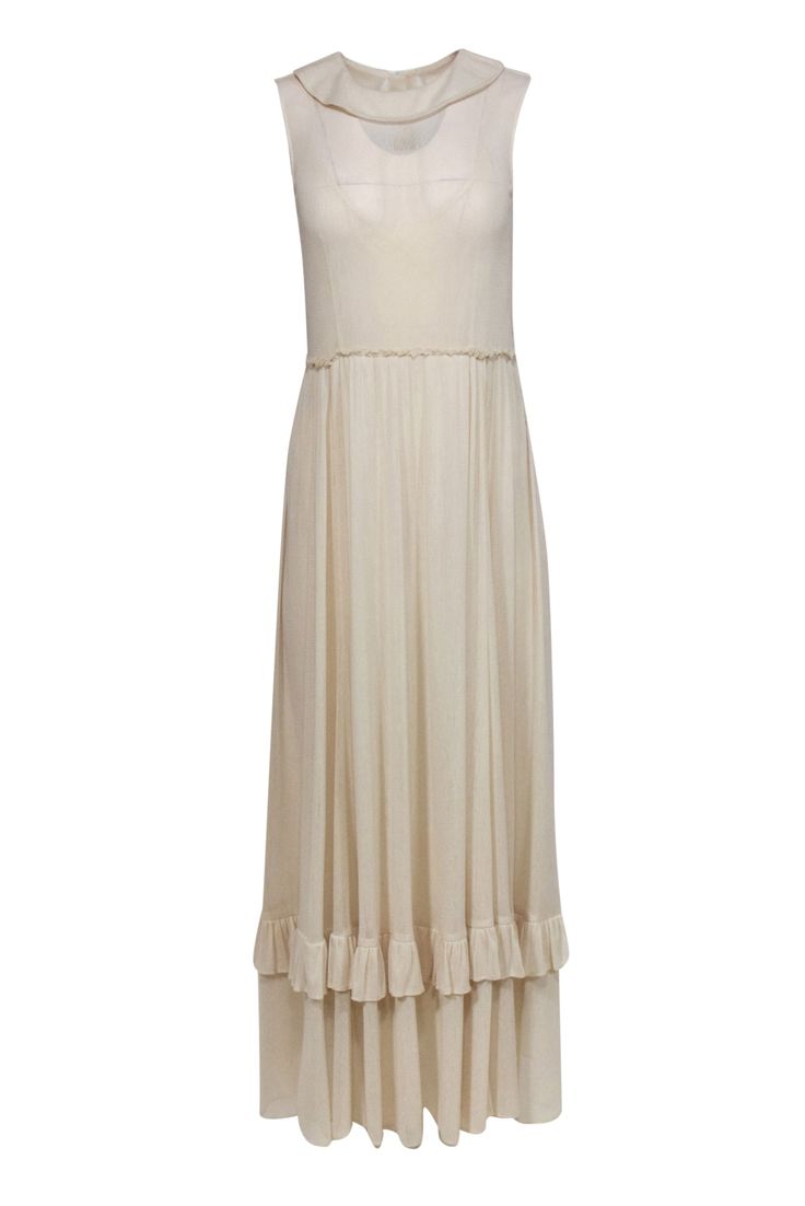 Current Boutique-The Great - Cream Mesh Ruffled Silk Maxi Dress Sz S Flowy Breezy Maxi Dress With Ruffles, Flowy Tiered Cream Maxi Dress, Cream Tiered Flowy Maxi Dress, Elegant Beige Maxi Dress With Ruffle Hem, Spring Chiffon Maxi Dress With Lace Trim, Cream Maxi Dress With Ruffle Hem For Spring, Spring Cream Maxi Dress With Ruffle Hem, Feminine Flowy Sheer Maxi Dress, Beige Chiffon Maxi Dress With Ruffles