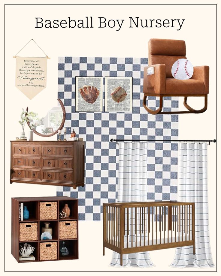 a baby's room with checkered walls and furniture