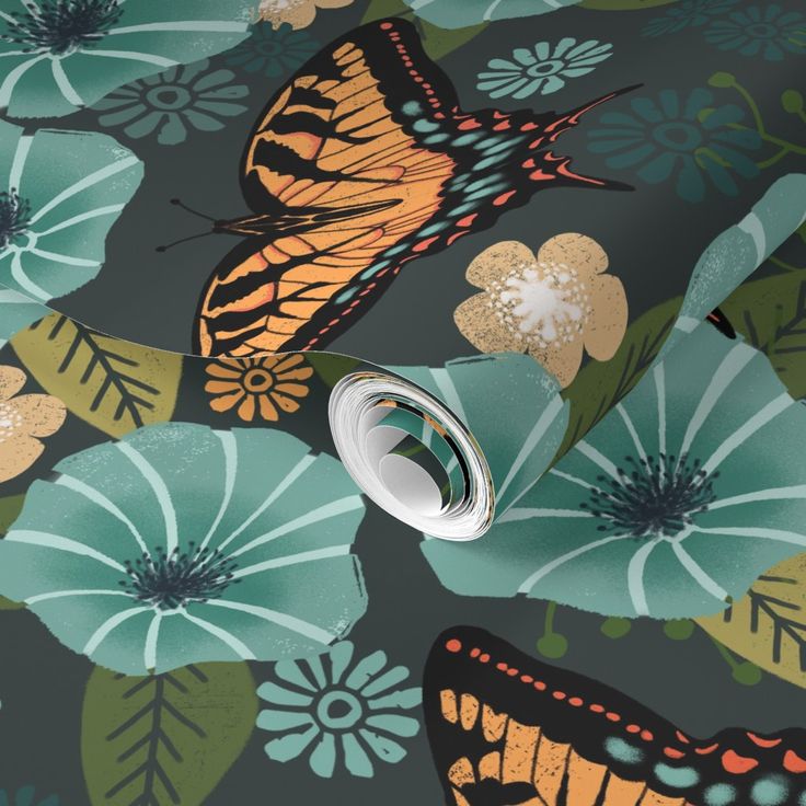 a wallpaper with butterflies and flowers in green, blue, yellow and orange colors