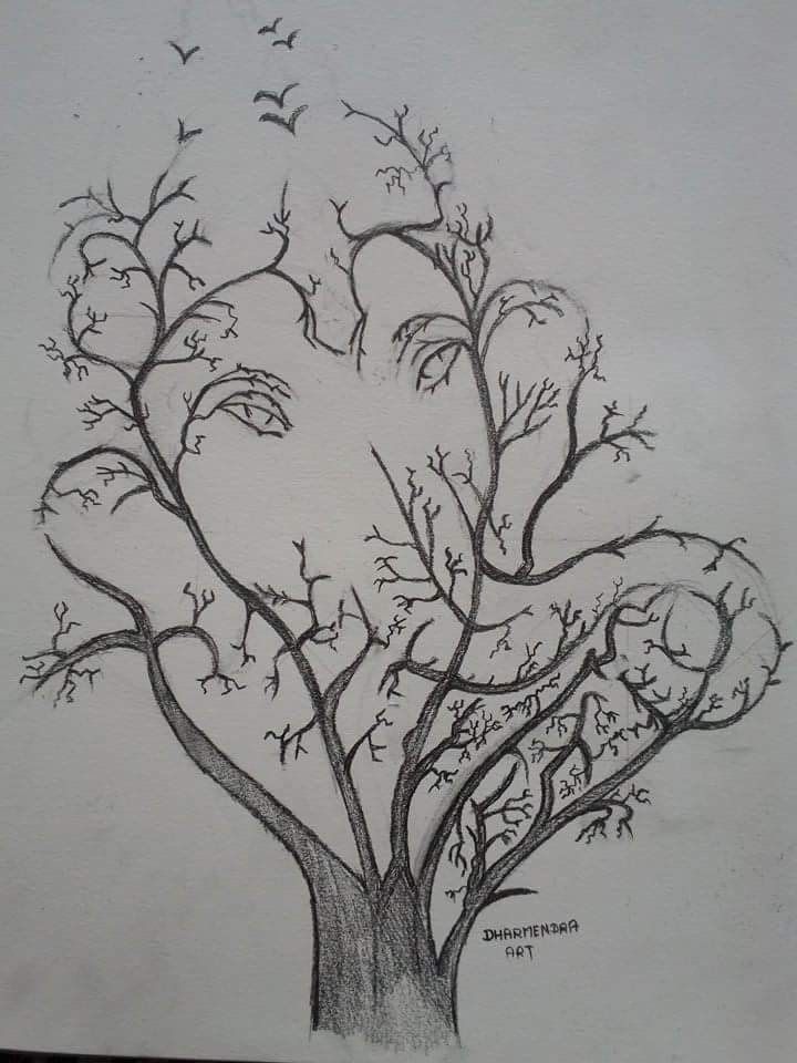 a drawing of a tree with birds flying around it