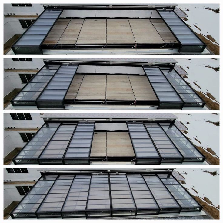 three different views of a building with glass windows