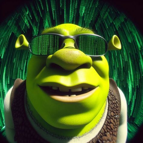 an animated character wearing glasses and a green wig, with his mouth open in front of the camera