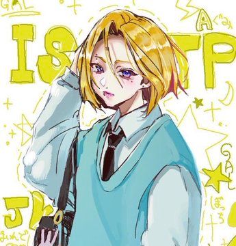 an anime character with blonde hair wearing a blue shirt and tie, holding a camera