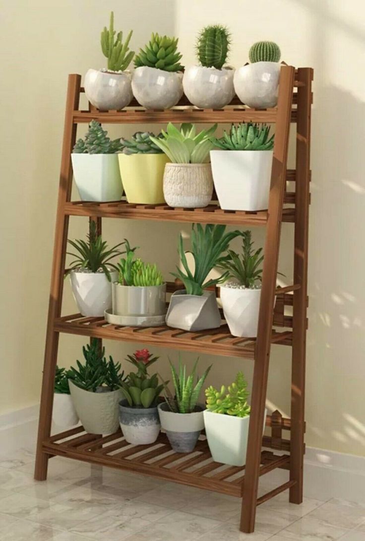 a wooden shelf filled with lots of potted plants