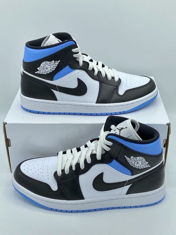 Air Jordan 1 Mid Womens, Nike Air Jordans High Top, Pic Of Shoes, Air Jordans Men, Black And Blue Shoes, Air Jordan Retro 1, Jordan High Tops, Nike Jordan Shoes, Air Jordans 1