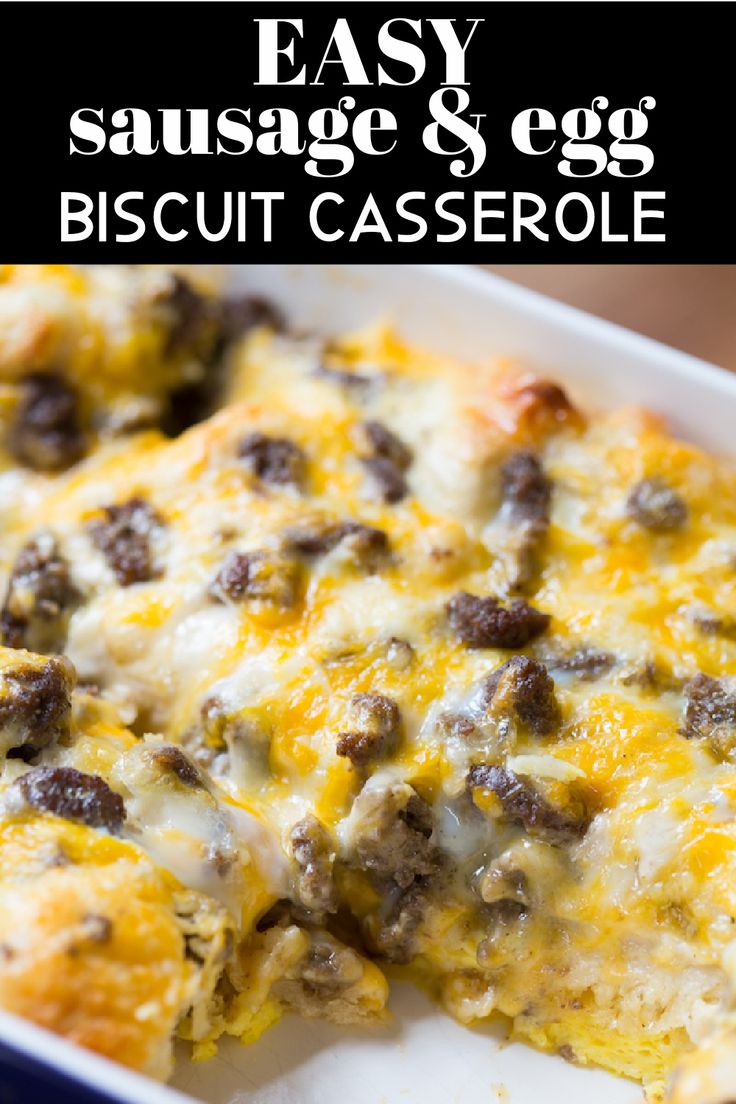 sausage egg cheese biscuit casserole in a white dish