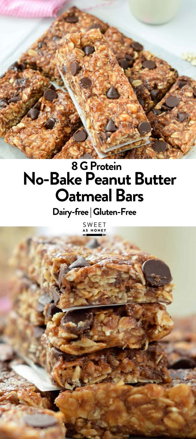 no bake peanut butter oatmeal bars stacked on top of each other