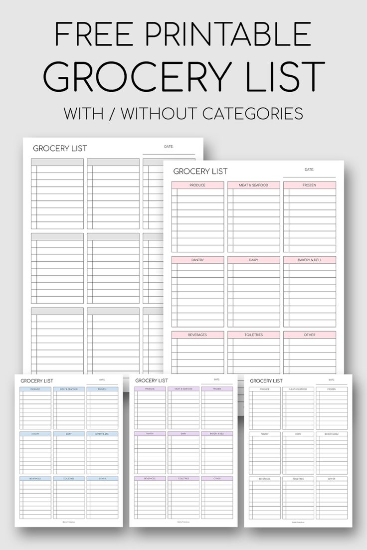 three printable grocery list with the text free printable grocery list