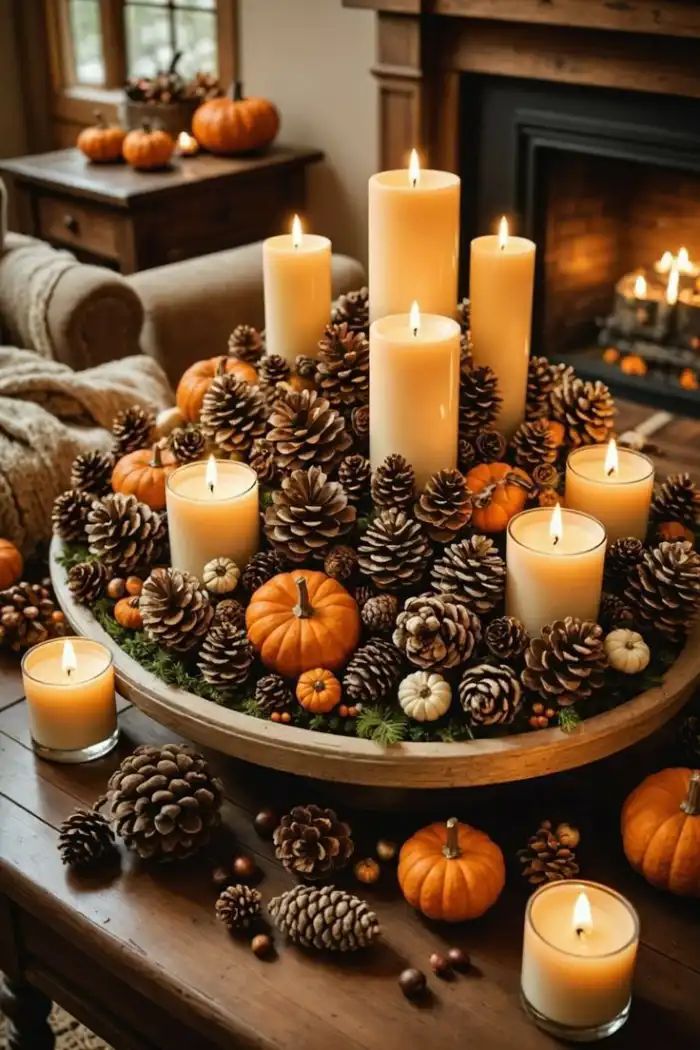 a tray filled with candles and pine cones on top of a table next to a fireplace