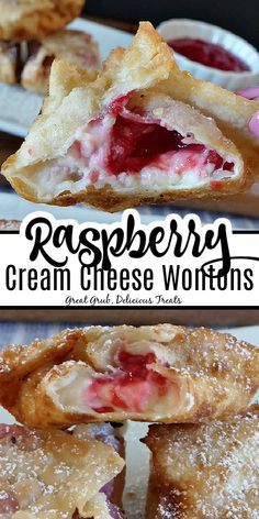 raspberry cream cheese wontons are stacked on top of each other and ready to be eaten