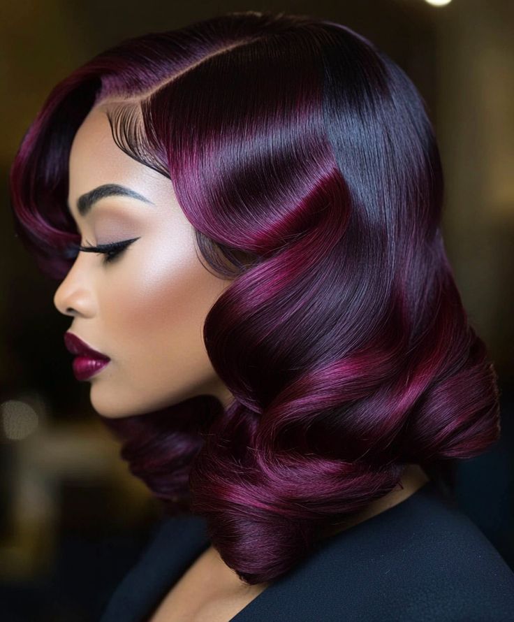 Accessorizing Dark Red Finger Waves for Black Women Fall Hair Red Purple Hair Black Women, Elegant Hair Styles Black Women, Red Finger Waves, Cute Wig Hairstyles For Black Women, Elegant Headbands, Dark Burgundy Hair, Natural Hair Short Cuts, Finger Waves, Beautiful Hair Color