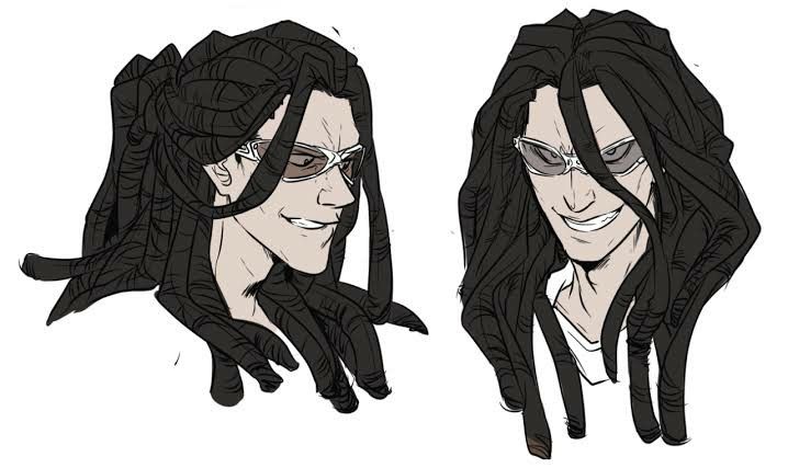 two different views of a man with long hair and glasses, one in the process of drawing