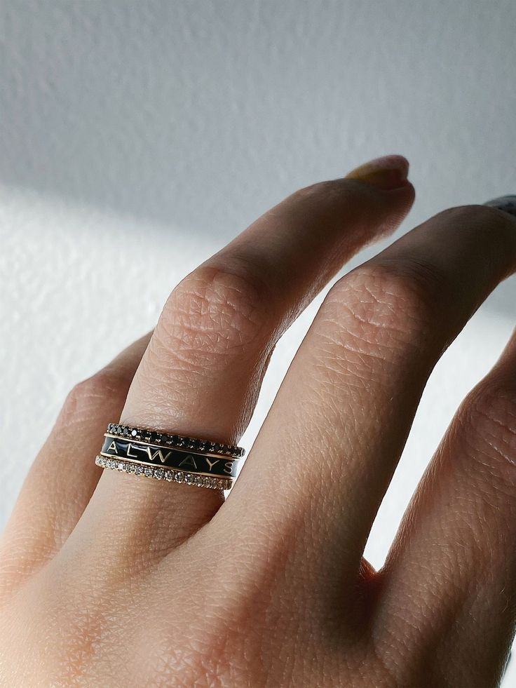 To remember those we've loved and lost. Stacked with our white diamond and black diamond half whisper bands. Shop everything Marrow Fine today & find the stack of your dreams:sparkles: Marrow Fine Jewelry || by Jillian Sassone Black Stackable Rings For Anniversary, Luxury Black Engraved Ring For Anniversary, Luxury Black Stackable Rings For Anniversary, Classic Black Enamel Ring For Anniversary, Black Sterling Silver Engraved Ring For Anniversary, Timeless Black Enamel Jewelry For Anniversary, Timeless Black Stackable Jewelry, Black Fine Jewelry Rings For Everyday, Everyday Black Fine Jewelry Ring