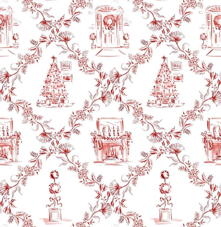 a red and white wallpaper with christmas decorations