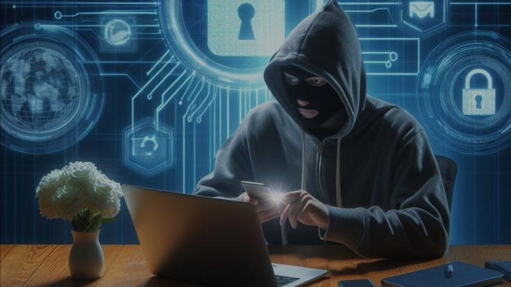 a person in a hoodie sitting at a table with a laptop and padlocks