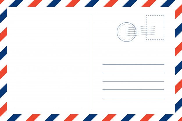 an airmail envelope with red, white and blue stripes on the outside is shown