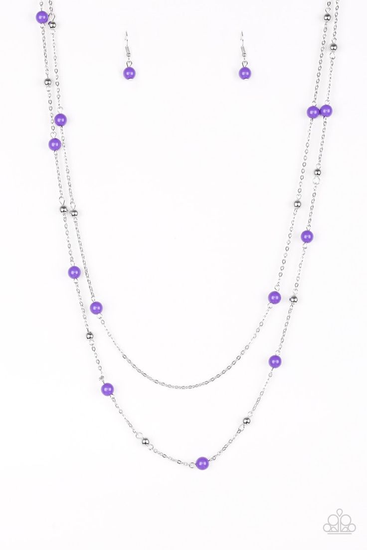 Vivacious purple and dainty silver beads trickle along two shimmery silver chains, creating colorful layers down the chest. Features an adjustable clasp closure. Sold as one individual necklace. Includes one pair of matching earrings. p2wh-prxx-288xx ORDERED 25 MAR 19 Paparazzi Accessories Jewelry, Purple Beach, Purple Necklace, Silver Chains, Paparazzi Accessories, Colourful Necklace, Paparazzi Jewelry, Blue Necklace, Stunning Necklace