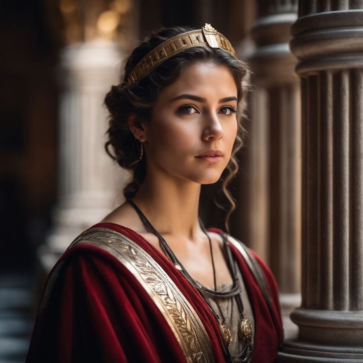 a woman dressed in roman clothing standing next to a pillar and looking off into the distance