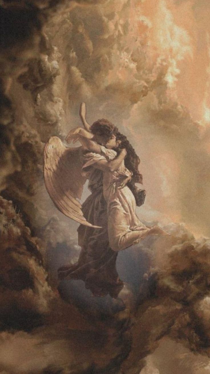 the painting depicts an angel hugging a woman