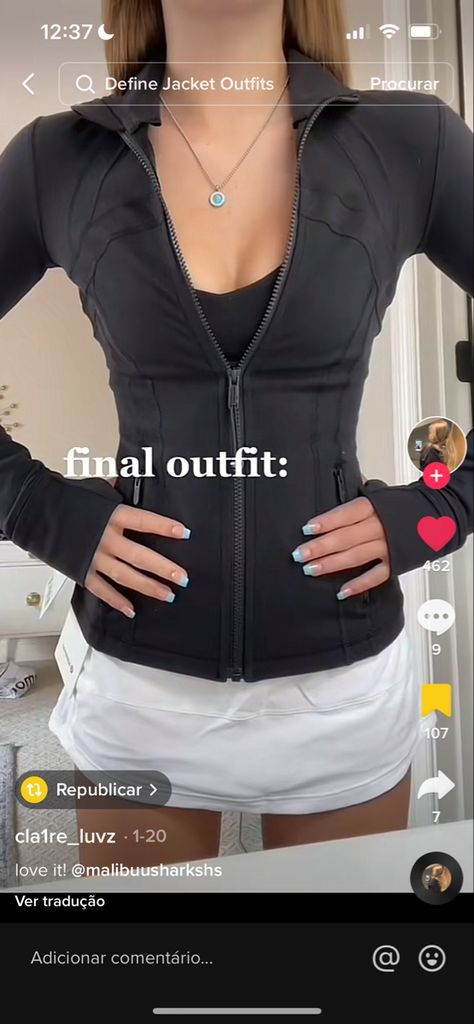 Lulu Combos, Black Lulu Skirt Outfit, Aesthetic Outfits Sporty, Lulu Skirt Outfit, Lululemon Jacket Outfit, Lululemon Define Jacket Outfit, Outfit Ideas Lululemon, Black Align Tank, Define Jacket Outfit