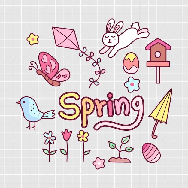 the word spring is surrounded by colorful doodles and other things on a gray background