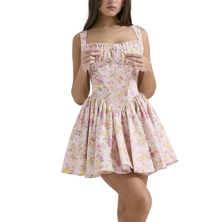 Color/Pattern: Pink & Multicolor Floral Print Approximately 21.7in From Shoulder To Hem 95% Polyester, 5% Other Fabric Machine Wash Imported Strap Skirt, French Dress, Y2k Dresses, Top Wedding Dresses, Mini Cami Dress, Weave Style, Mini Dresses For Women, Dresses Elegant, Dress Shirts For Women