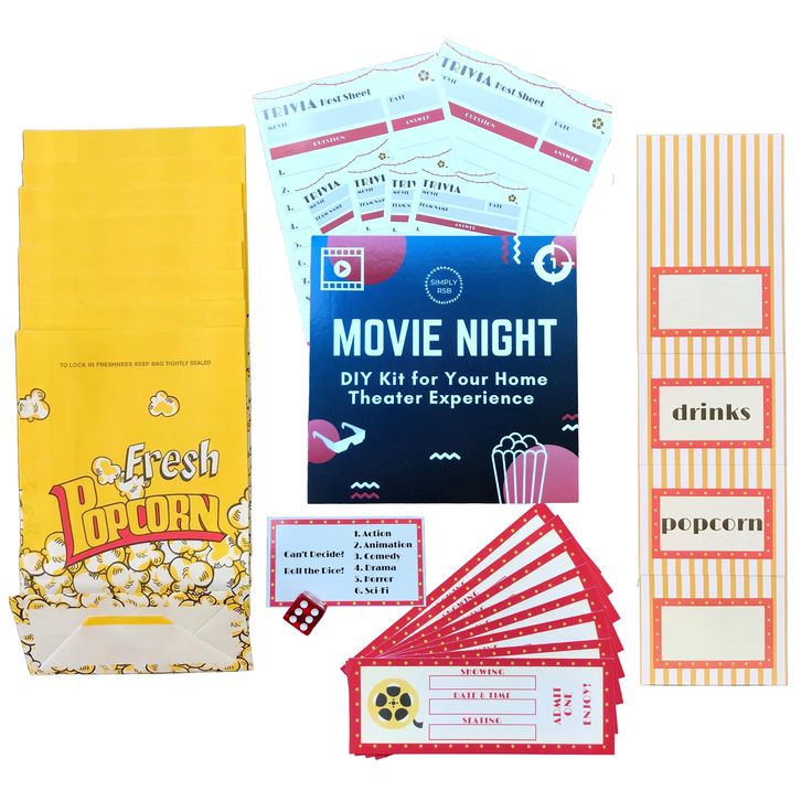 movie night party supplies including popcorn, tickets, and candy bar wrappers for kids to play with