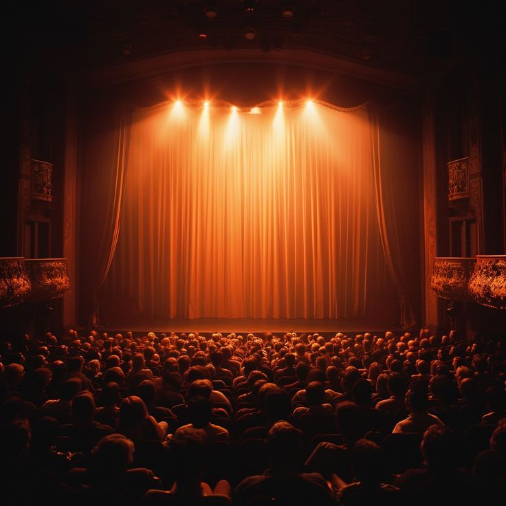 an auditorium full of people sitting in front of a stage with bright lights on it