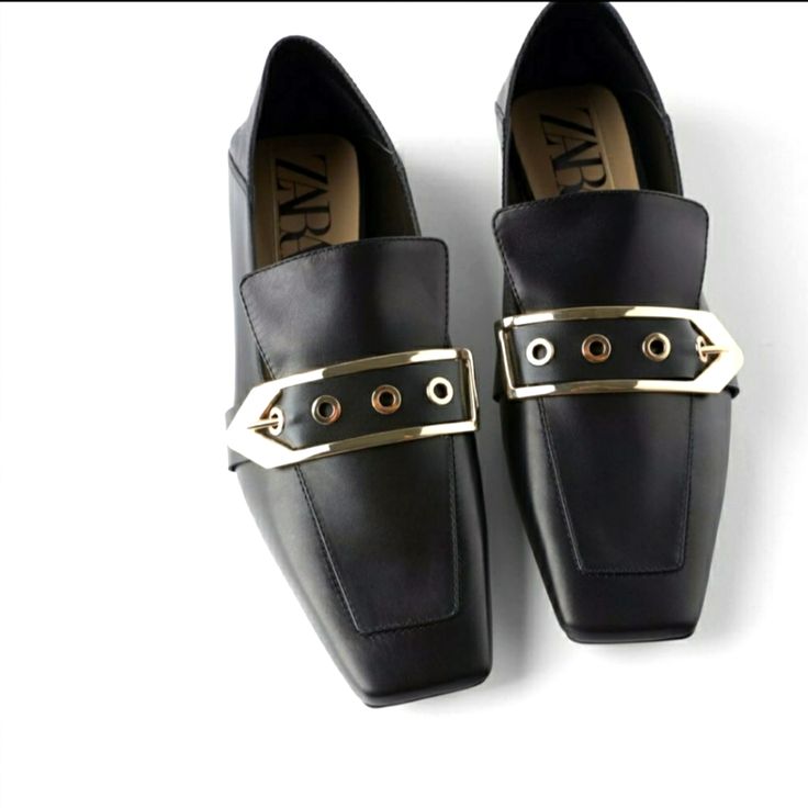 Black Leather Loafers . Leather Upper . Maxi Buckle Detail With Gold Metal Loops At Instep . High Vamp This Shoes Run Half A Size Big Elegant Black Flats With Buckle Closure, Elegant Black Loafers With Buckle Closure, Chic Zara Loafers With Closed Toe, Zara Leather Loafers For Work, Zara Leather Loafers For Office, Chic Zara Loafers For Office, Chic Zara Loafers For Fall, Elegant Zara Loafers For Office, Zara Loafers For Work With Pointed Toe