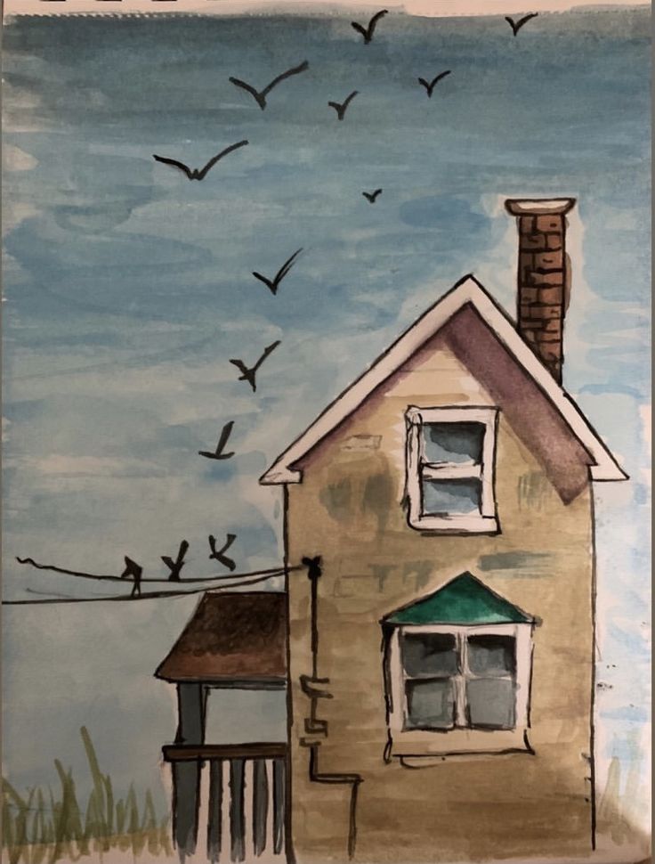 a drawing of a house with birds flying over it