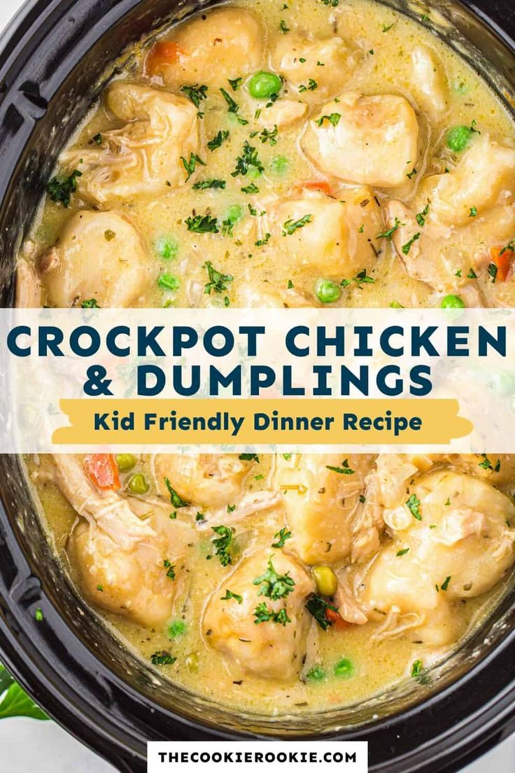 crockpot chicken and dumplings recipe in a slow cooker with text overlay