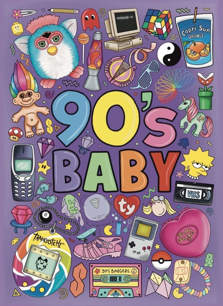 the cover of 90's baby, with many different items and symbols on it