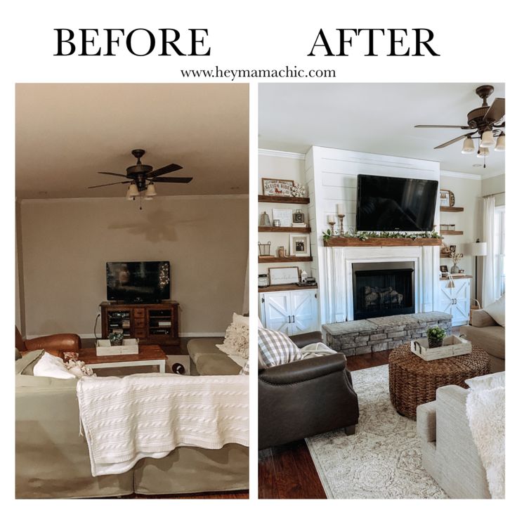 before and after photos of a living room