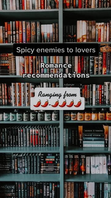 a book shelf filled with lots of books next to a sign that reads spicy enemes to lovers romance recommendnations