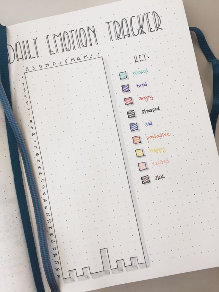 a notebook with the words daily emotion tracker written on it and a blue ribbon attached to it