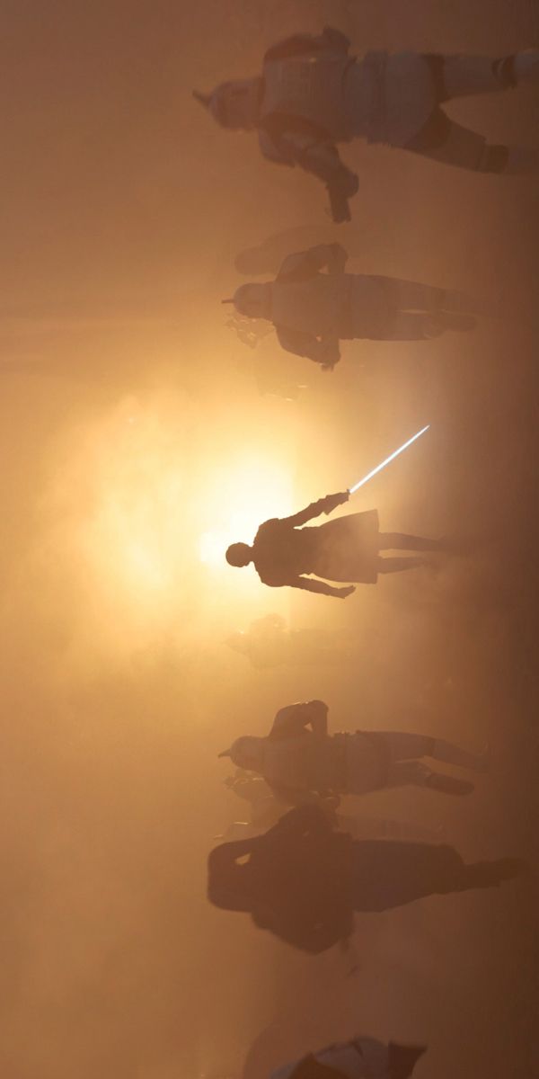 a group of people standing next to each other in front of the sun on a foggy day