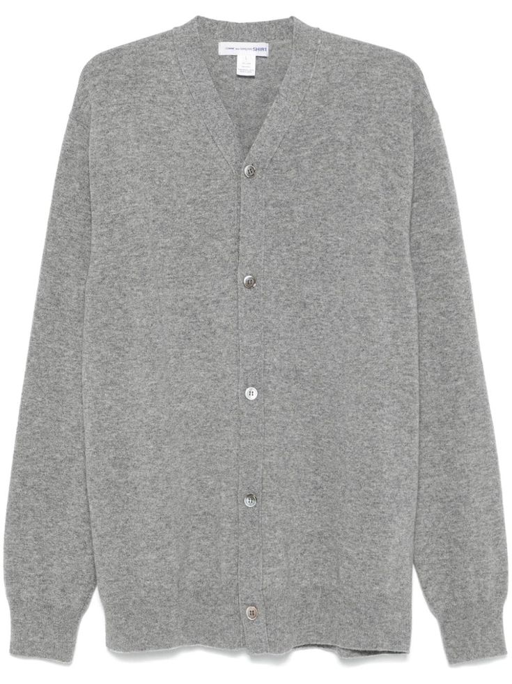 light grey wool knitted construction front button fastening V-neck long sleeves ribbed cuffs and hem Gray Cardigan With Buttons For Workwear, Cashmere Cardigan With Ribbed Cuffs For Work, Classic Gray Cardigan For Work, Classic Gray Cardigan For Layering, Classic Gray Sweater For Workwear, Classic Gray Workwear Cardigan, Classic Gray Cardigan With Buttons, Classic Cashmere Cardigan With Button Cuffs, Classic Gray Spring Cardigan