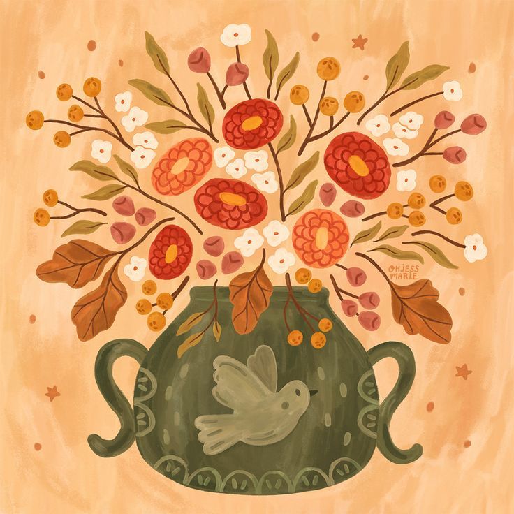 a painting of flowers in a vase with a bird on the bottom and stars around it