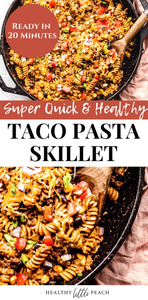 a skillet filled with taco pasta and vegetables