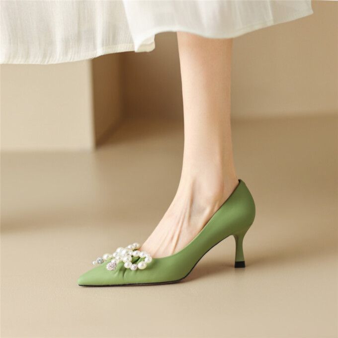 As low as US$62.00 Spring Wedding Court Shoes With Branded Heel Counter, Spring Wedding Court Shoes With Branded Heel, Green Closed Toe Court Shoes For Spring, Spring Green Closed Toe Court Shoes, Green High Heel Court Shoes For Spring, Elegant Green Heels For Spring, Green Almond Toe Heels For Spring, Spring Wedding Court Shoes, Feminine High Heel Court Shoes For Spring