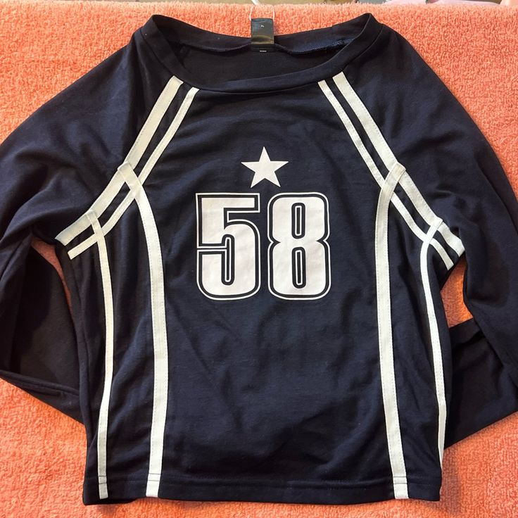 Cute Jersey Like Top Navy Tops With Letter Print For Spring, Sporty Navy Top For Spring, Cute Jersey, Tops Long Sleeve, Shein Tops, Long Sleeve Tee, Long Sleeve Tees, Long Sleeve Tops, Blue White