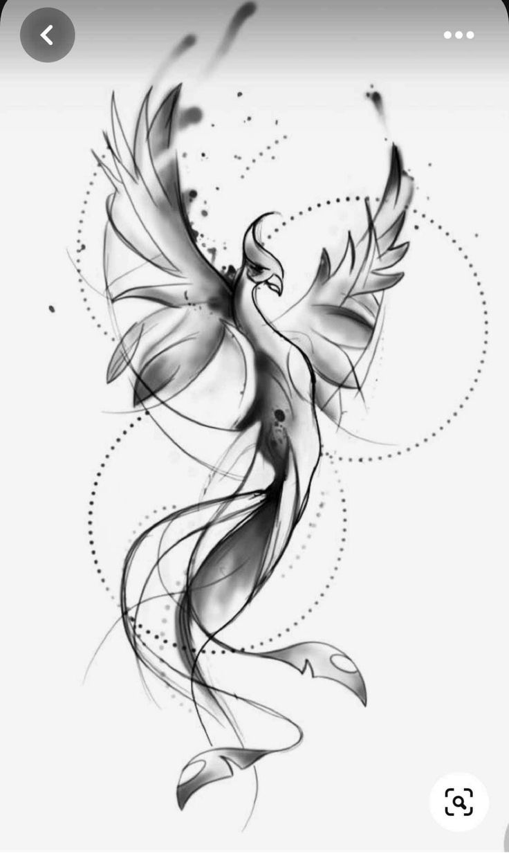 a black and white drawing of a bird with swirls on it's wings