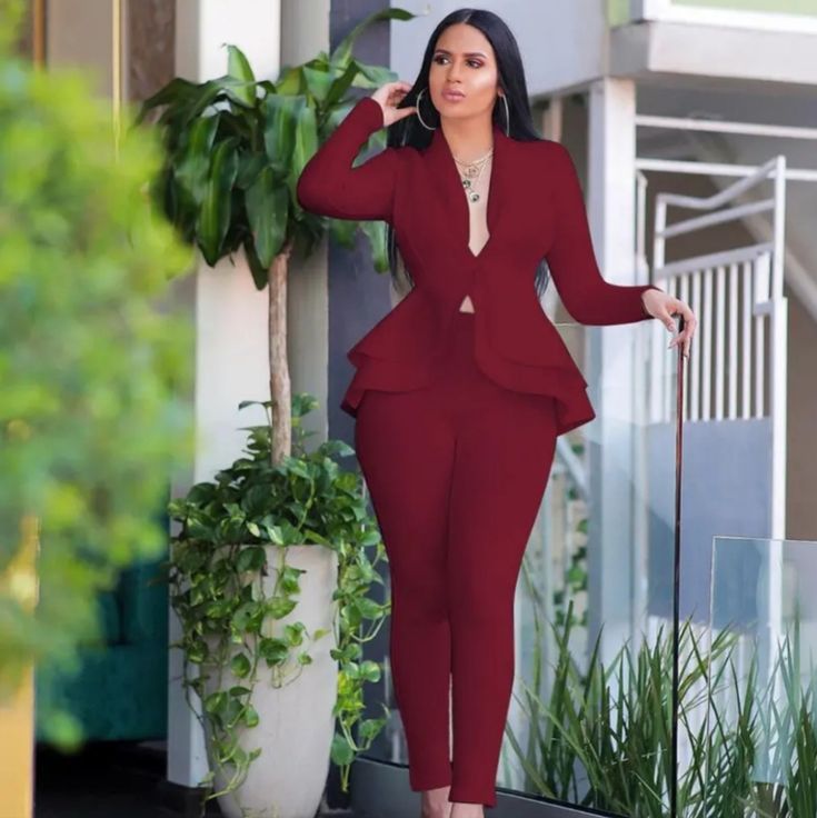 Style : Female Color : Red Wine Size M Ships Within 24 Hours Fitted Red Two-piece Set, Fitted Two-piece Party Suits, Fitted Two-piece Suits With Long Sleeves, Fitted Two-piece Long Sleeve Suits, Fitted Long Sleeve Pantsuit For Night Out, Fitted Suit For Night Out In Spring, Fitted Two-piece Suits For Office, Fitted Solid Color Blazer For Night Out, Fitted Two-piece Long Sleeve Blazer