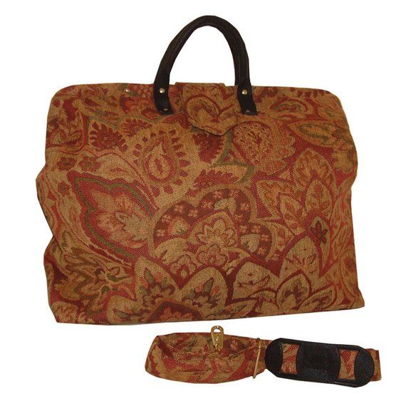 Rose Floral Chenille Tapestry Carpet Bag Gold Tapestry Rectangular Bag, Carpet Bags, Leather Computer Bag, Envelope Pocket, Soft Gloves, Floral Carpet, Overnight Travel Bag, Carpet Bag, Tapestry Fabric