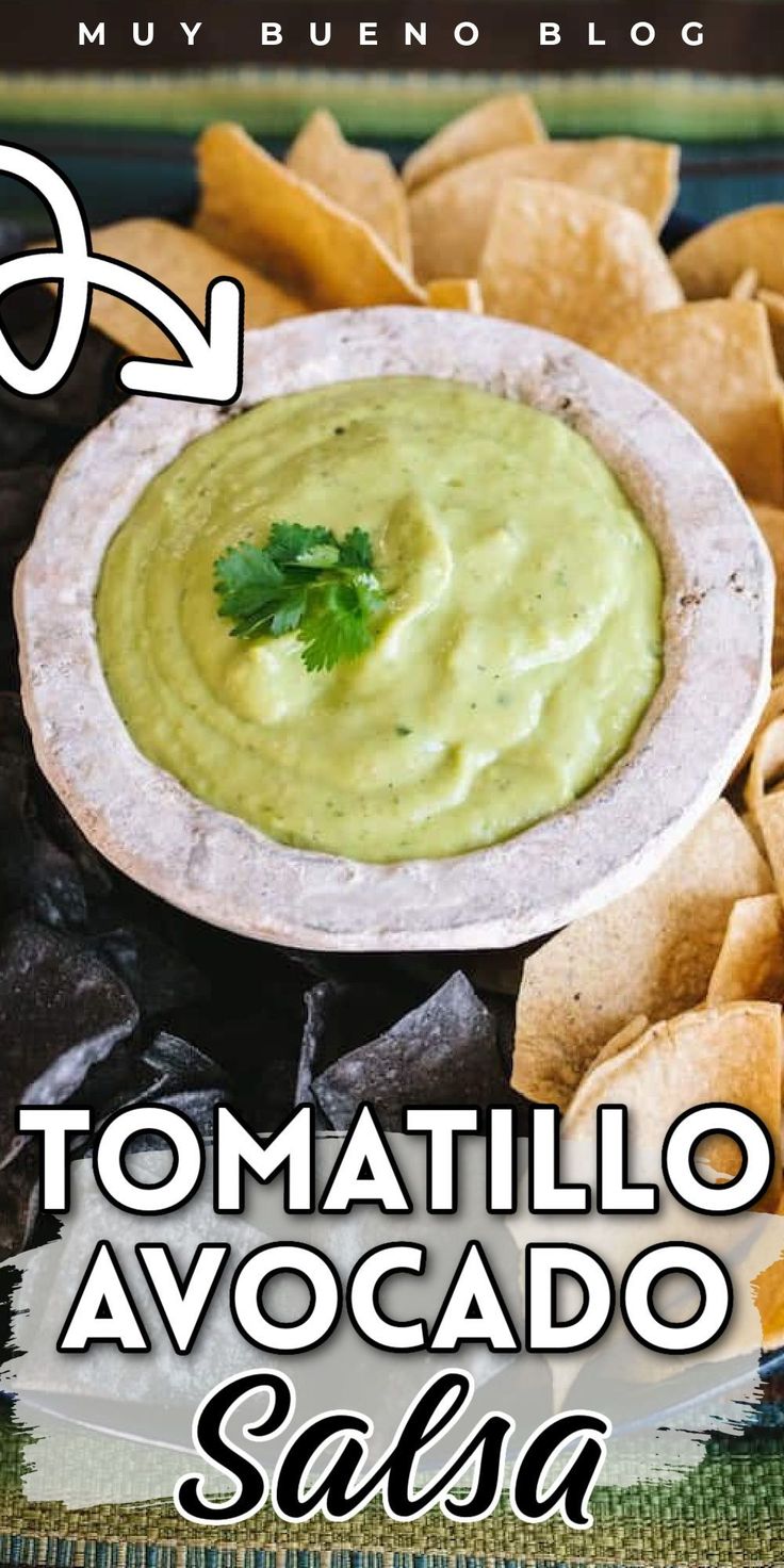 a plate filled with tortilla avocado salsa and chips on the side