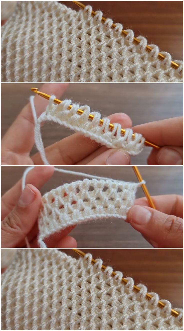 three pictures show how to crochet the stitchs on an object with yarn