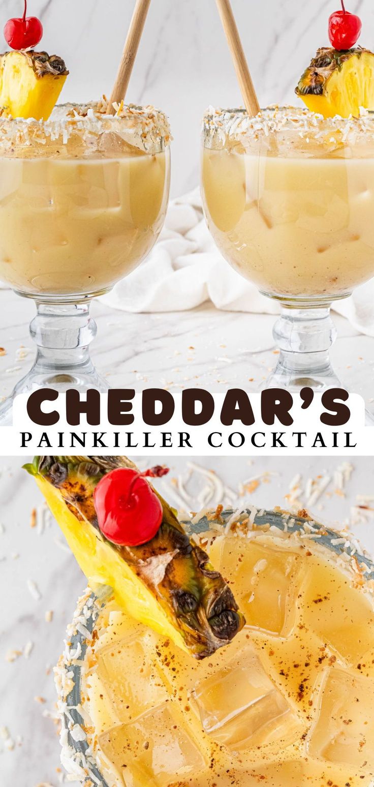 two cocktails with pineapple garnish and cherries on top, one in the